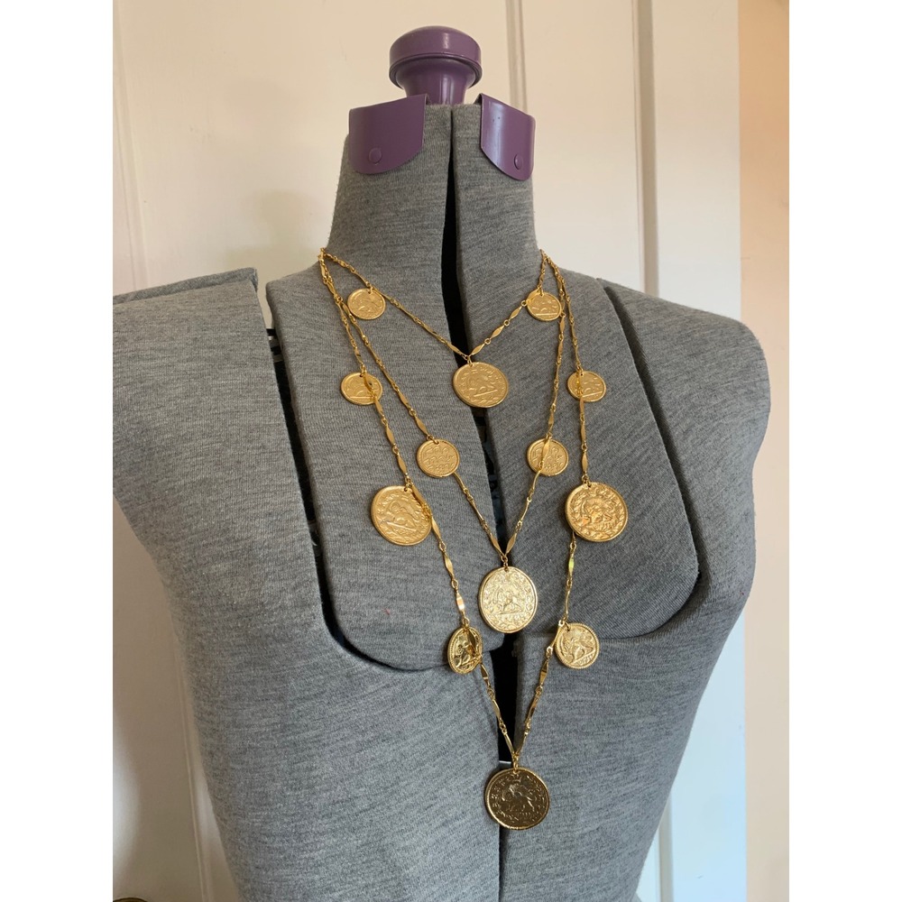 Goldette Vintage Triple Strand Coin Necklace Goldtone Lion Sun Persian Medallion